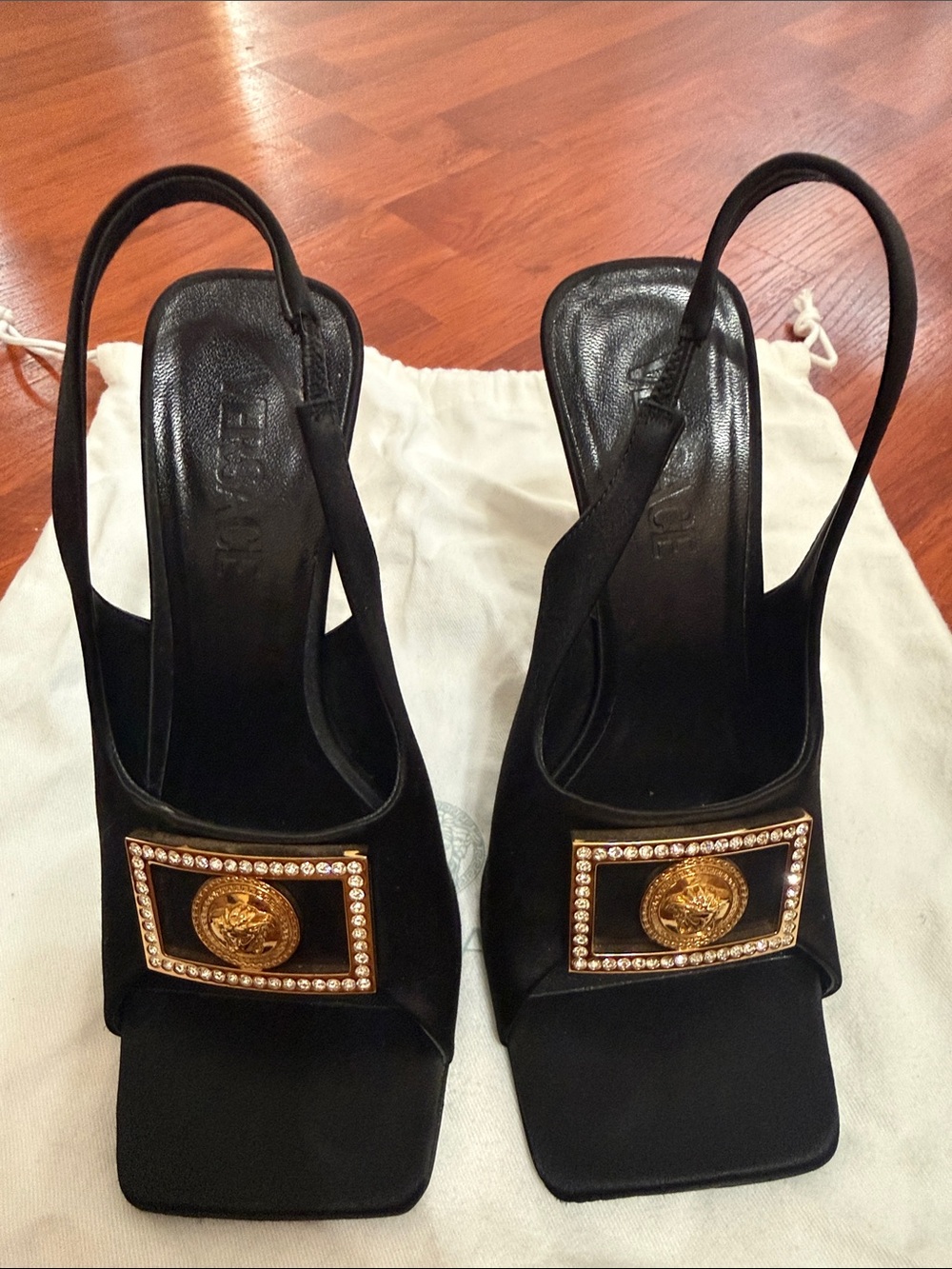 Authentic Versace Black Satin Slingback Mules with Gold Medallion